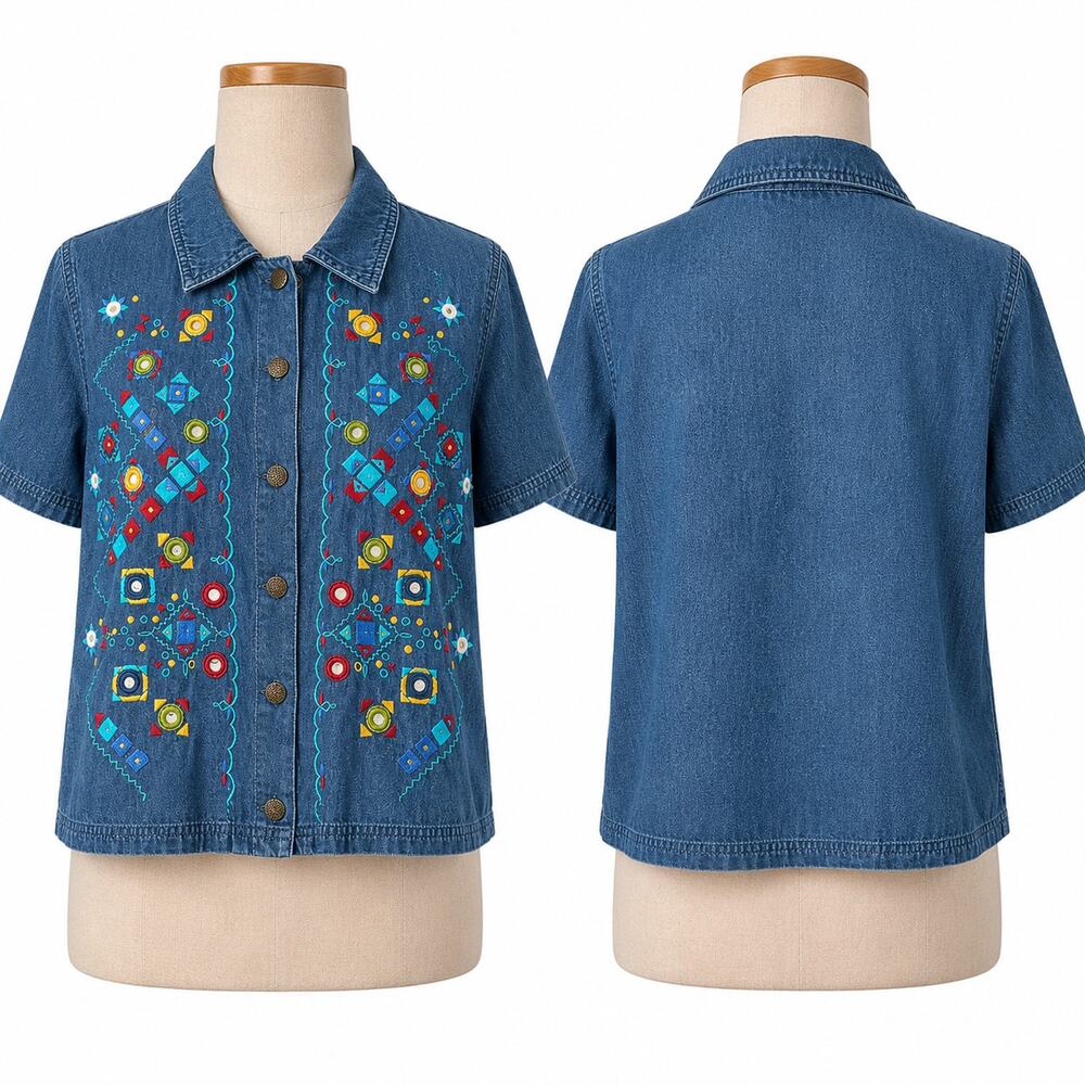 Vintage Karin Stevens Embroidered Denim Button Front Shirt Jacket Blue SZ 8